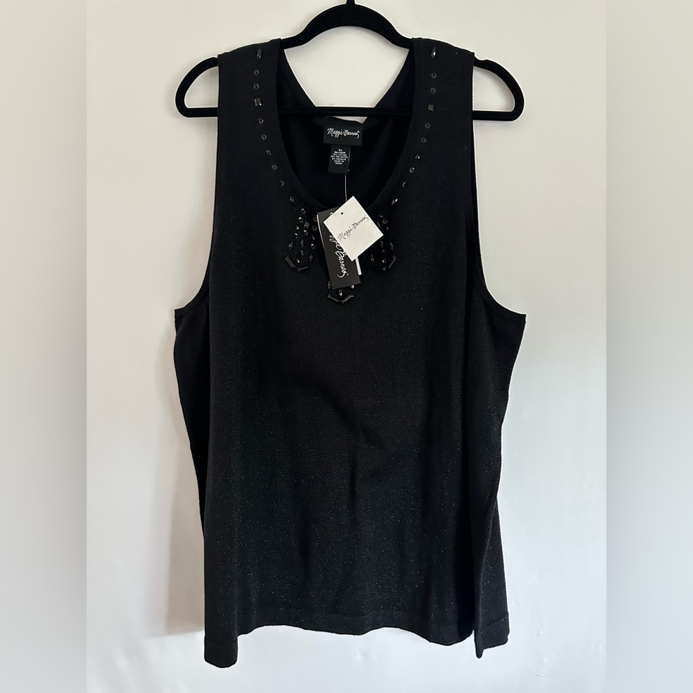 Maggie Barnes Womens Tank sz 3X Black Tight Knit Glitter Round Neck Beaded